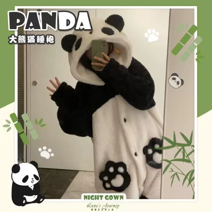 Pajama Cosplay Party Costume Loungewear Cartoon Panda Long Robe Jumpsuit Winter Women Thicken Coral Fleece Homewear