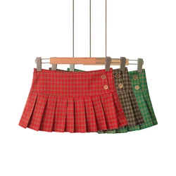 Kawaii Mini Skirts For Woman Y2k Micro Skirts Cute Green Plaid Skirts Korean Fashion Button Up Vintage Khaki Skirts Preppy Red