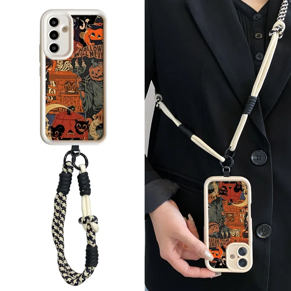 Coque de téléphone avec chaîne de poignet, étui pour Xiaomi 14T 13T 12T 11T Pro 15 14 13 12 11 Lite Ultra Halloween Ghost, avec lanière à bandoulière, nouvelle collection 2025