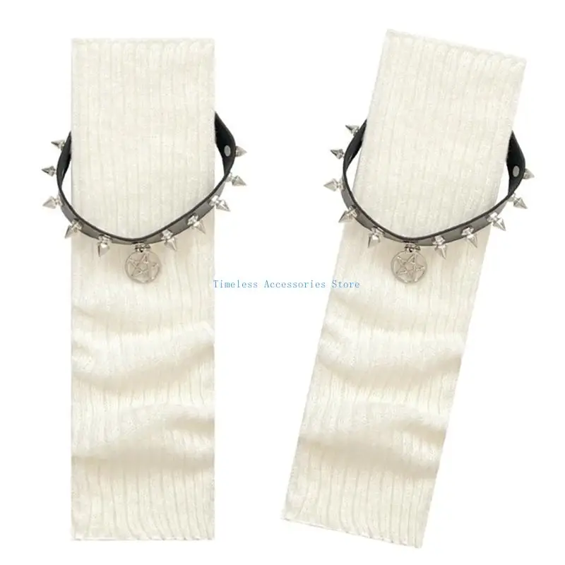 

97QE Punk Ribbed Knit Boot Toppers Leg Warmer with Star Rivets Leather Belt for Women