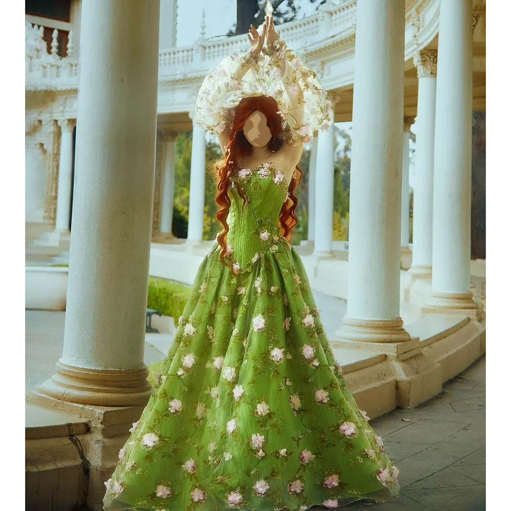 Vestido de fiesta de flores verdes en 3D, vestidos florales sin tirantes a la moda, vestido elegante hasta el suelo, vestido de fiesta de noche para mujer 2024