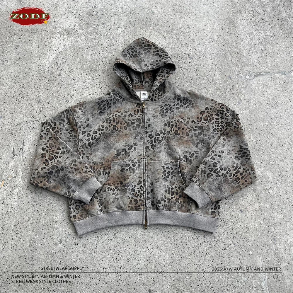 

Модные зимние хлопковые толстовки ZODF 400gsm свободного кроя на молнии для мужчин и женщин, унисекс, с леопардовым принтом, куртки с капюшоном HY1274