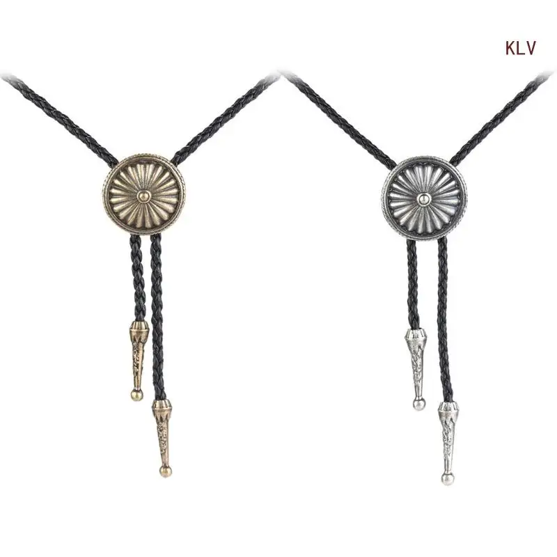 

Mens Bolo Tie Necktie Faux Leather Braided Rope Necklace with Metal Round Flower Pendant Jewelry Cowboy Hat Accessories