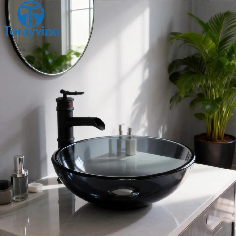 Torayvino Bathroom Matte Black Sink Set Bacia De Banheiro With Faucet Multiple Colour GlassTempered Glass Basin Mixer Tap Set