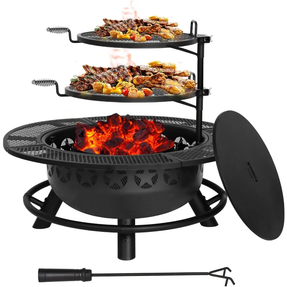 

35 Inch Fire Pit with 2 Cooking Grate & Charcoal Pan, Outdoor Wood Burning BBQ Grill Firepit Bowl with Cover Lid, Steel