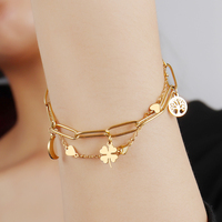 316L Stainless Steel Clover Bracelet For Women Bohemian Moon Double Layer Chain Bracelets Jewelry Gift