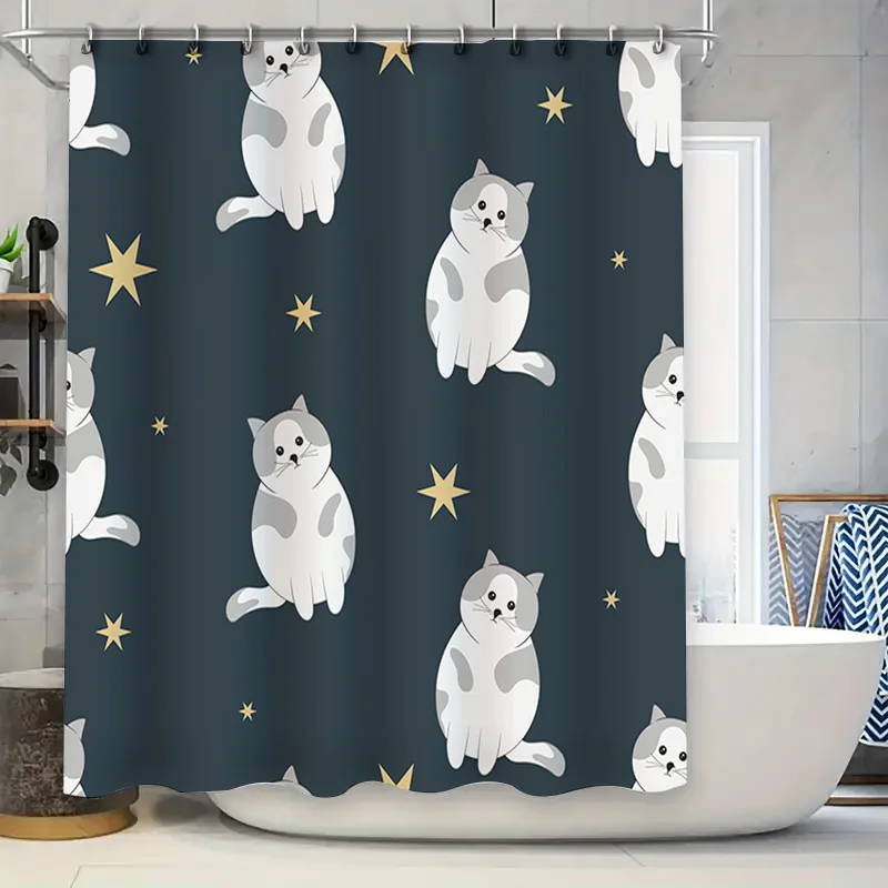 

Современная занавеска для душа с принтом кота, декор для ванной комнаты, водонепроницаемая ткань, серые, белые звезды, синий цвет, домашний декор, размер предмета 180x245 см (L)