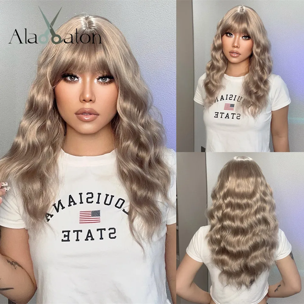 

ALAN EATON Ash Blonde Curly Synthetic Wigs with Bangs for Women Girls Long Wave Hair Wig Heat Resistant Fiber for Daily Party