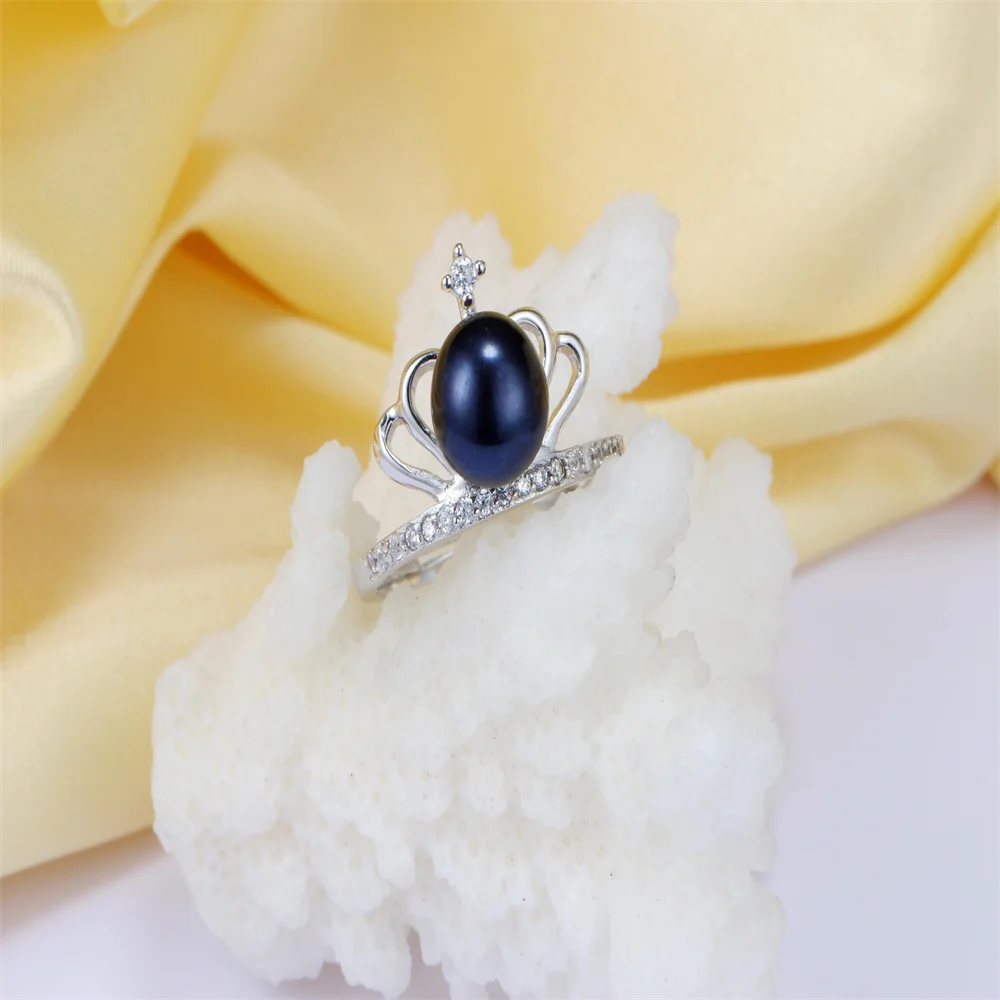 

YWYC 925 Sterling Silver Crown Adjustable Rings Zircon Crystal 8-9mm Freshwater Pearl Rings for Women Jewelry Gift