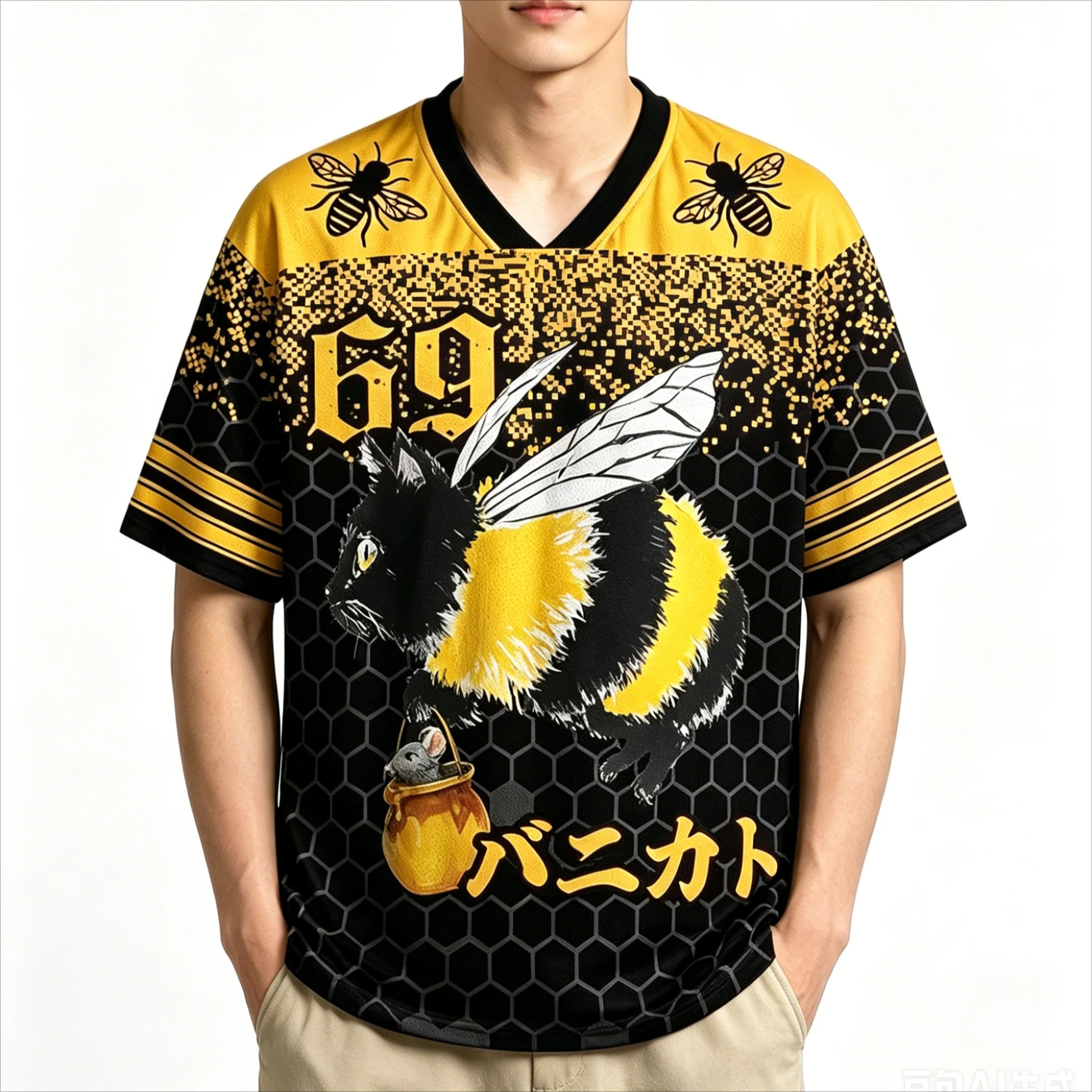 Black Yellow Cat-Bee Hybrid Mesh Hockey Jersey with 