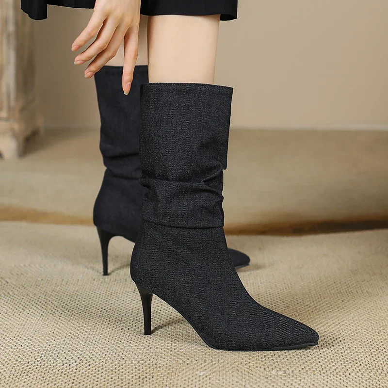 

Прямая поставка 2025 пикантные плиссированные джинсовые ботильоны для женщин на шпильке 8 см на высоком тонком каблуке повседневная обувь для отдыха женская осень черный синий
