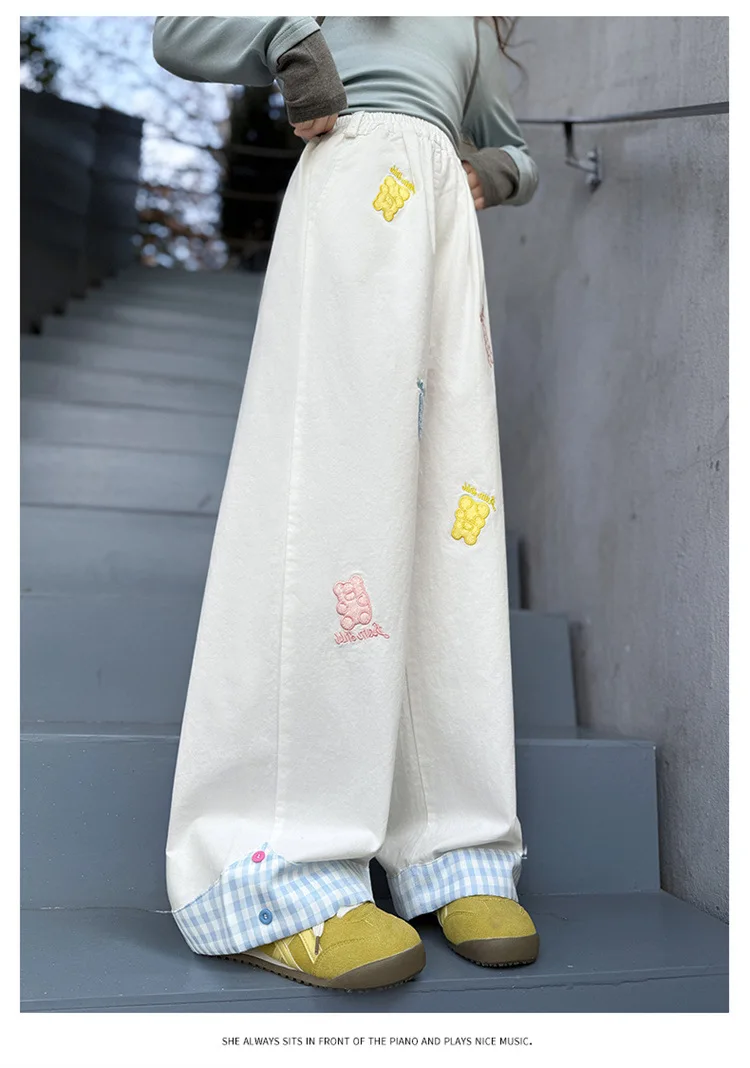 Spring Kids Wide Leg Trousers Children's Elastic Waist Cuffed Loose Floor Dragging Sweatpants Girls Straight Leg Cotton Pants