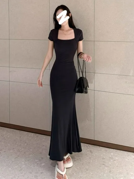 Estate New Sle Colletto quadrato ort Sve Gonna lunga da donna slim fit sexy Body ape ow Fi Tail Gonna avvolgente a vita alta...