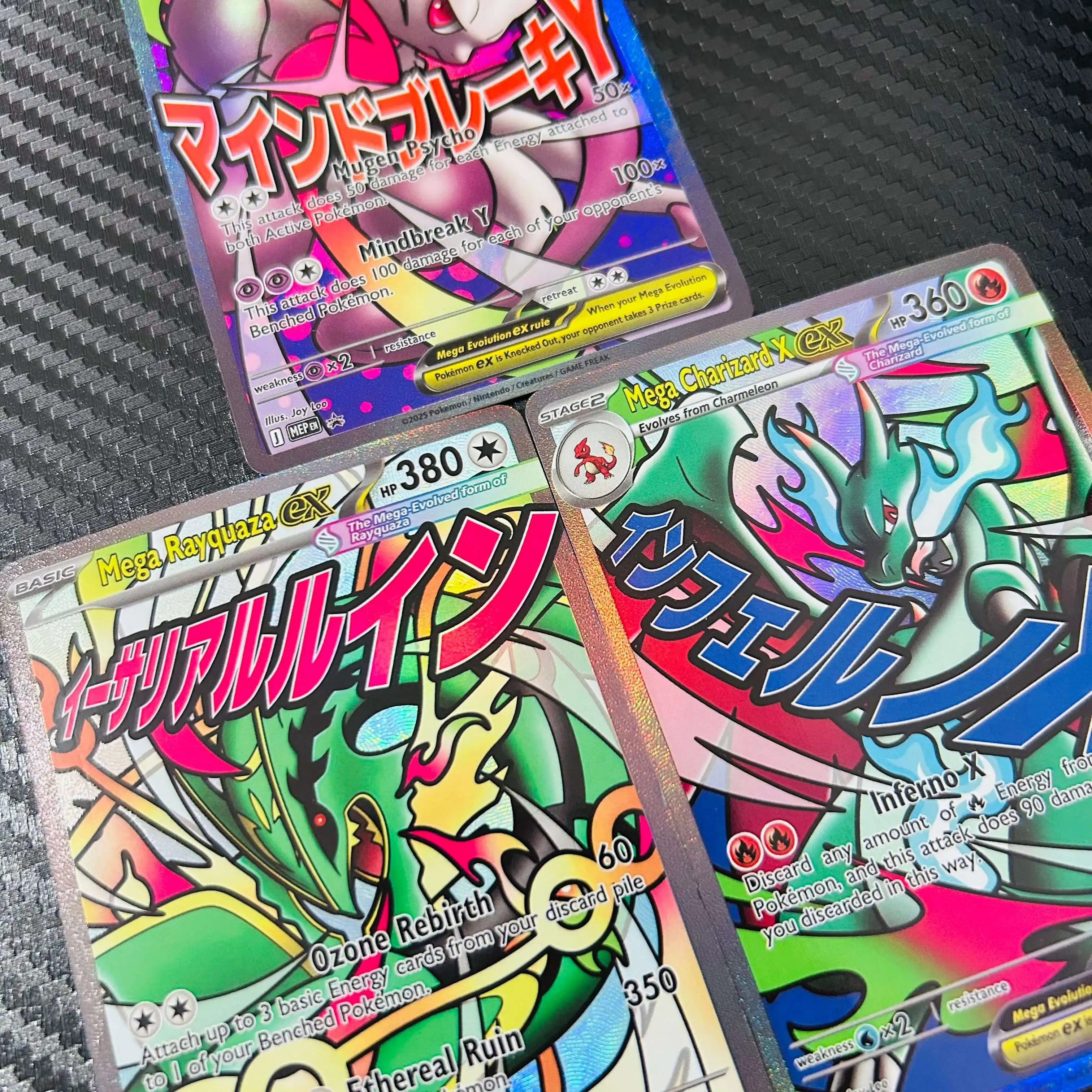 DIY Pokemon Mega Mewtwo Y Rayquaza Charizard X EX 3Pcs Holographic Texture EN Version Full Art Premium Anime Collection Card view 5