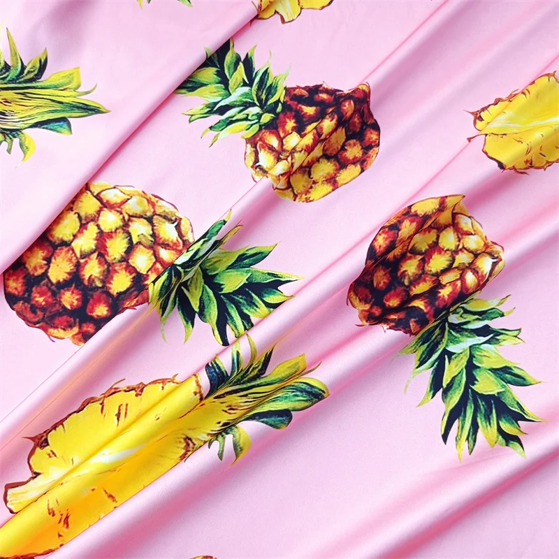 145cm wide Stretch satin pink bottom pineapple pattern digital printing fabric hand DIY sewing dress shirt fashion fabric