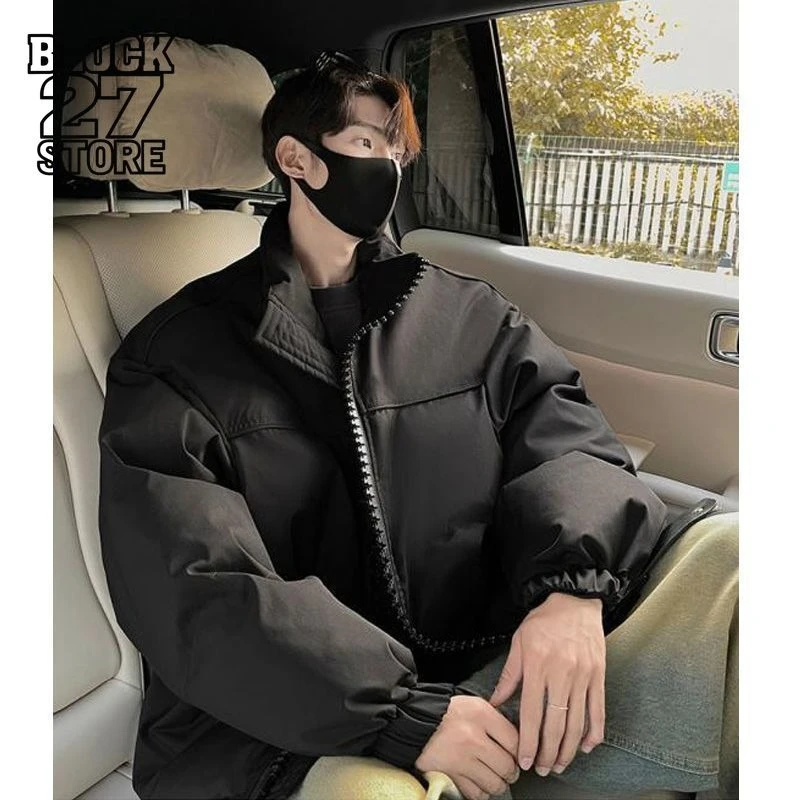 

Mens Jacket Winter Zipper Thick Warm Cotton Padded Coat American Vintage Embroidery Casual Streetwear Trendy Harajuku Fashion