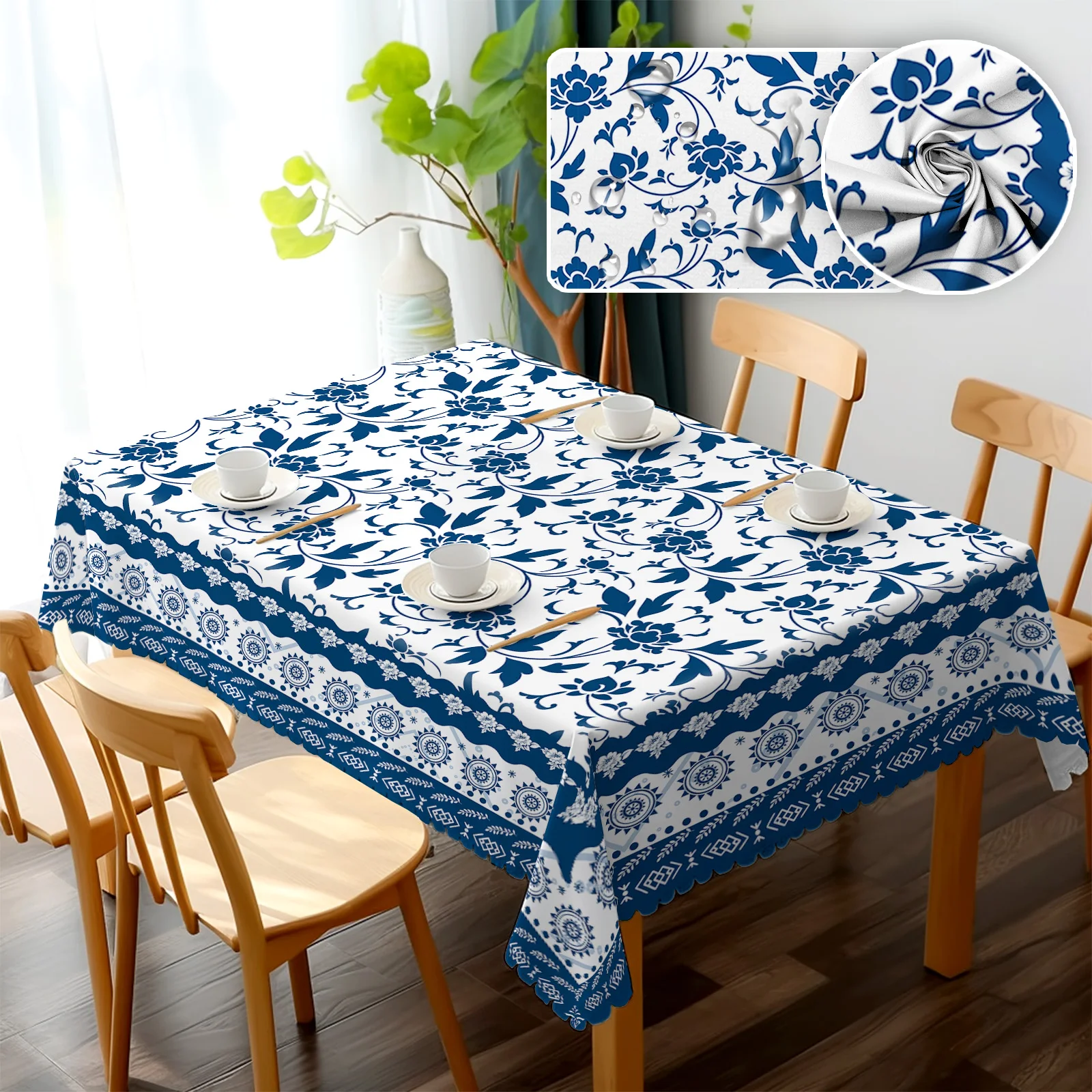 New Chinese-Style Blue and White Tablecloth, Classic Blue and White Patterns, Geometric Florals, Delicate Floral Print Patterns, Multiple Size Options, Embossed Edges, Waterproof, Wrinkle-Resistant, Fade-Resistant, Perfect Gift for Family and Friends, Rectangular and Round Table Covers, Suitable for Spring, Summer, Autumn, and Winter, for Home Kitchens, Rooms, Courtyards, Balconies, Picnics, Cafes, Restaurant Tables H120