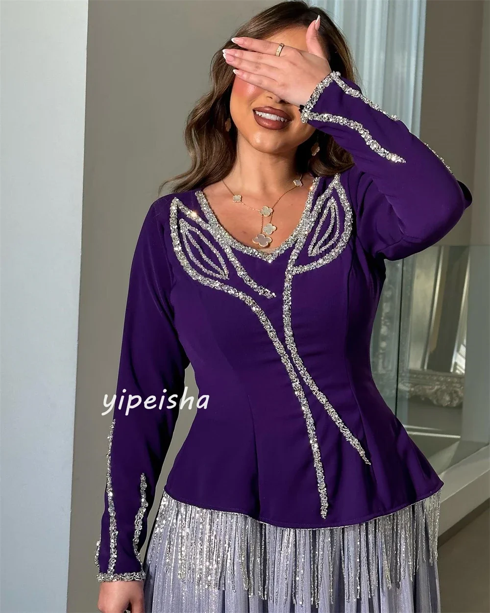 Customized Jersey Tassel Rhinestone Graduation A-line V-neck Bespoke Occasion Gown Midi Dresses