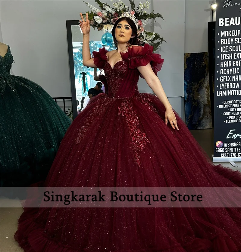 New Arrival Red Wine Quinceanera Dresses Bead Crystals Ruffle Bottom Birthday Party Dress Mexican Sweet 16th Prom Customized