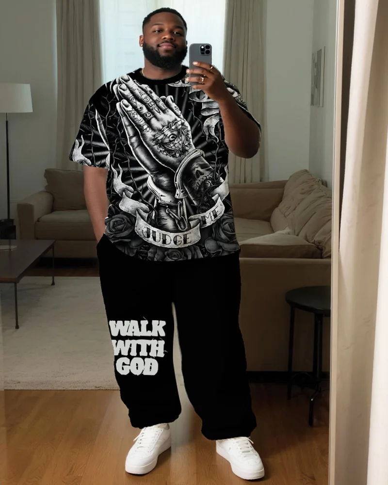 

S-9XL Men's Plus Size Street Hip-Hop Short Sleeve T-Shirt and Pants Two-Piece Set