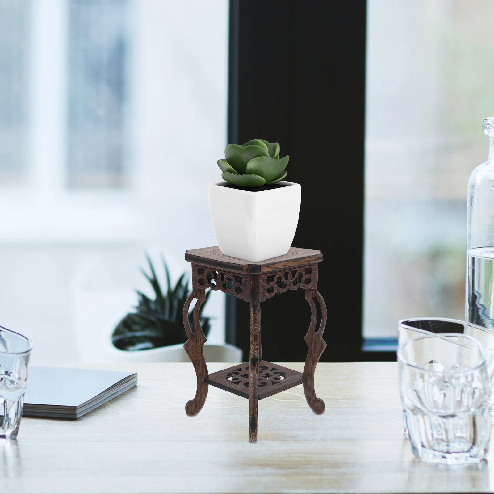 

Chicken Wing Wood Jade Carving Stone Crafts Display Pedestal Planter Vase Home Office Decor Retro Wooden Base Craftsmanship