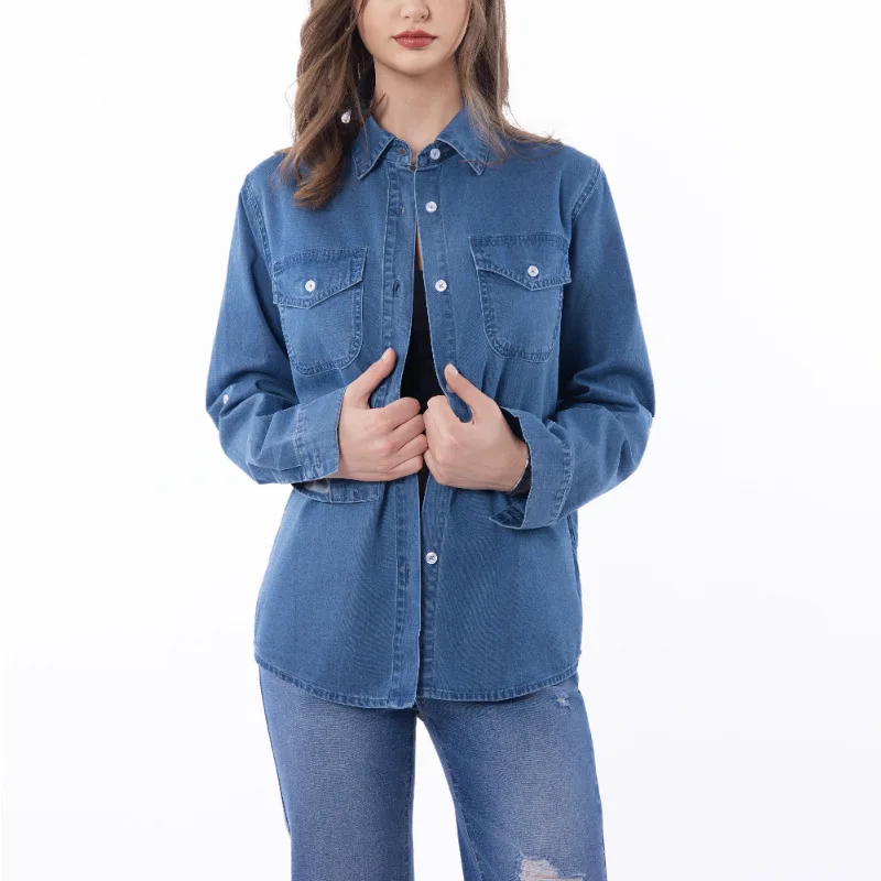 

Новая женская джинсовая рубашка 2026 года: элегантная, легкая, с длинным рукавом, современная летняя джинсовая блузка, тонкая рубашка для защиты от солнца, синяя