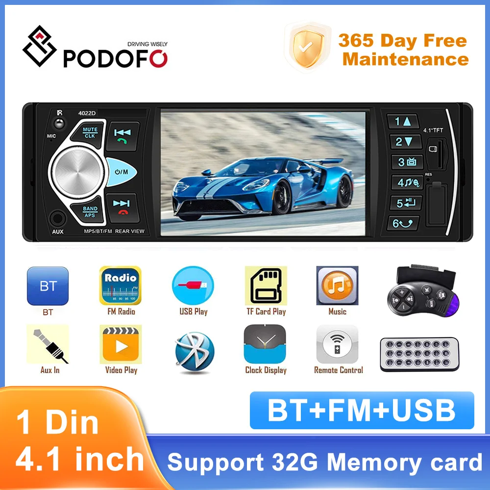 Podofo Car Radio 1 Din Stereo MP5 Player Bluetooth FM USB Autoradio 4.1 Inch Support Rear View Mirrolink Steering Wheel Control