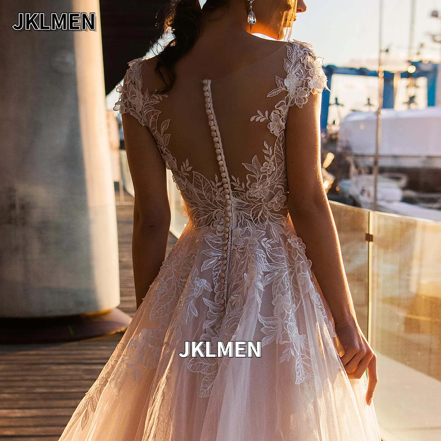 Vestido de novia de cuello redondo con cremallera y espalda, vestido de novia largo de playa de tul, hecho a medida, ilusión ligera