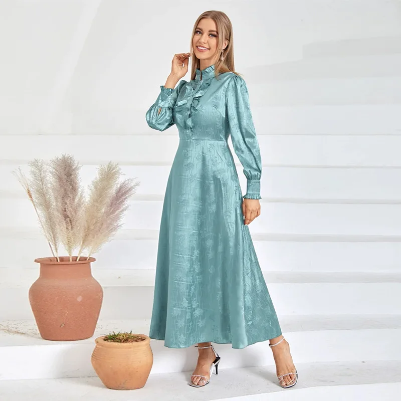 Women Eid Muslim Dresses Lantern Sleeve Turtleneck Gorgeous Dubai Party Dress Vestidos High Waist Solid Color Elegant Kaftan