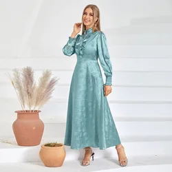 Women Eid Muslim Dresses Lantern Sleeve Turtleneck Gorgeous Dubai Party Dress Vestidos High Waist Solid Color Elegant Kaftan