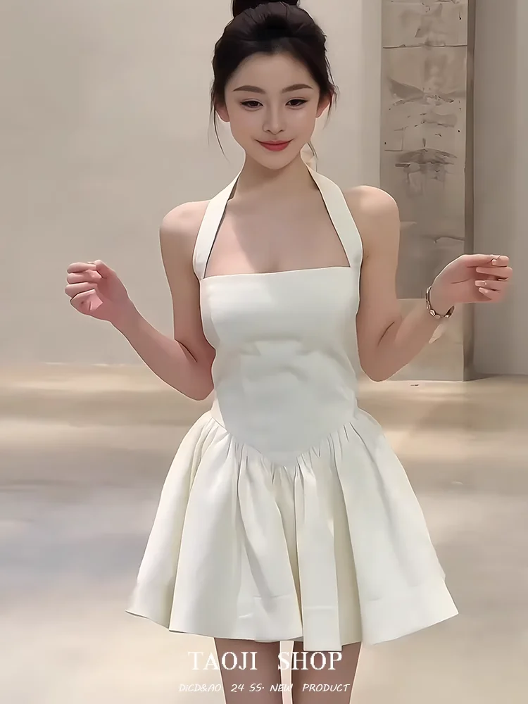 elegant-ballet-style-off-shoulder-a-line-dress-women-summer-knot-design-puffy-skirt-neck-hanging-strap-dresses