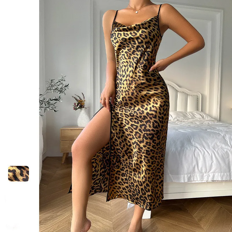 

Sexy Strap Backless Long Style Women Nightdress Sleepwear Printed Satin Nightwear Gown Homewear Home Dress Intimate Lingerie