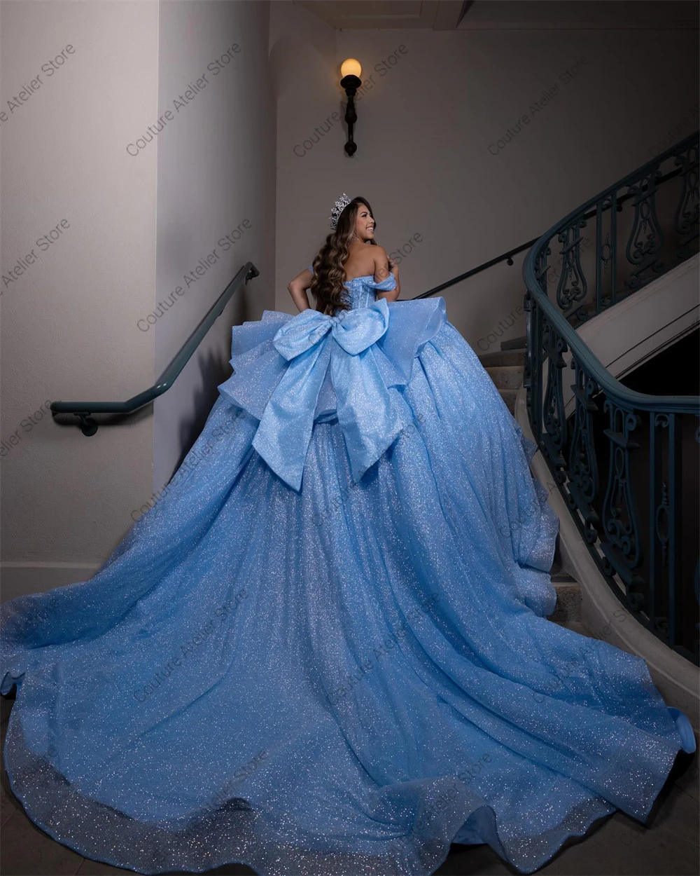 Alluring Blue 15 Years Old Quinceanera Dress Beaded Crystal Ball Gown With Bow Ruffles Birthday vestido para xv años Customized
