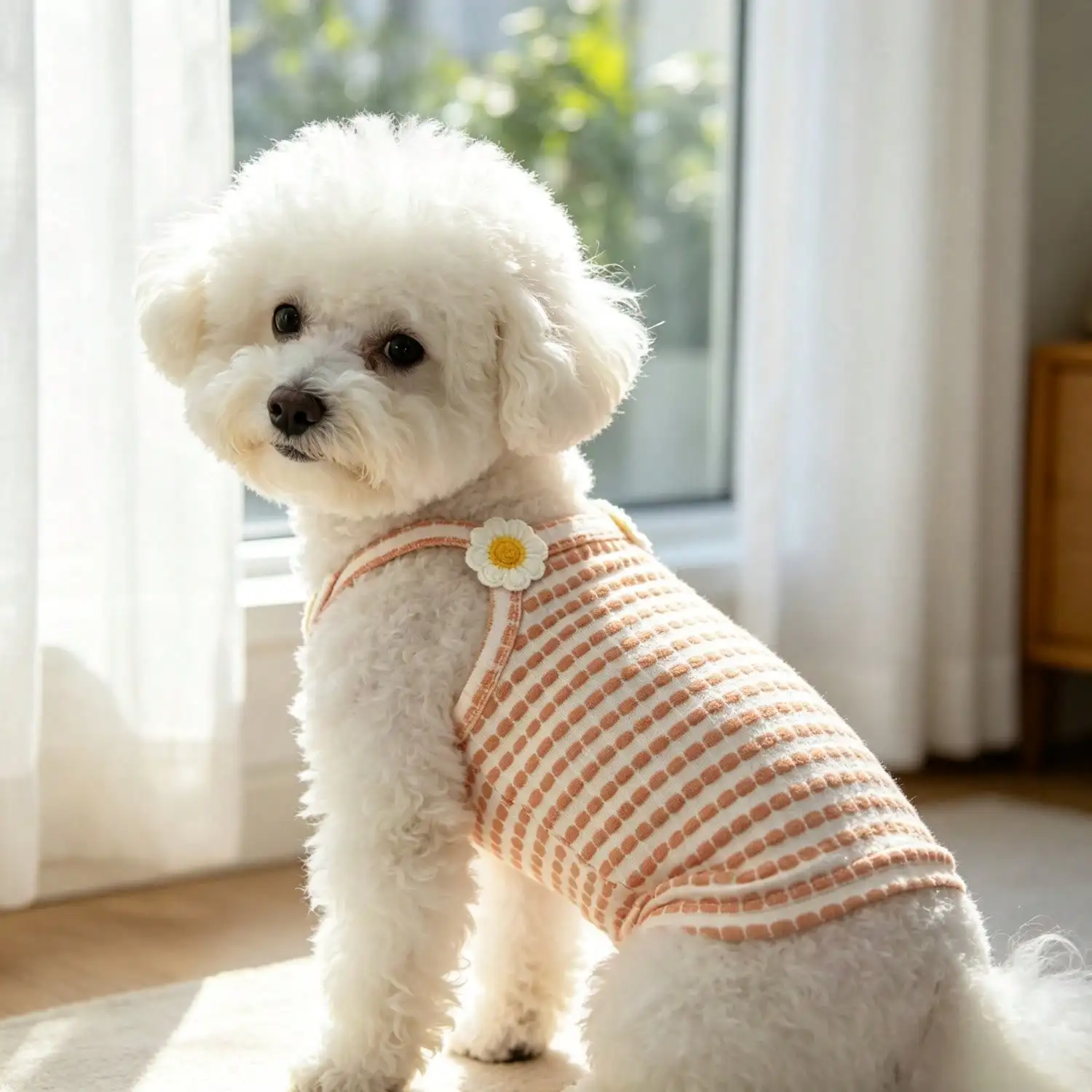 1 Stück gestreiftes Strick-Hundetanktop mit 3D-Frucht-Blumen-Ornament, atmungsaktive Welpenweste für kleine Hunde – Detail 9