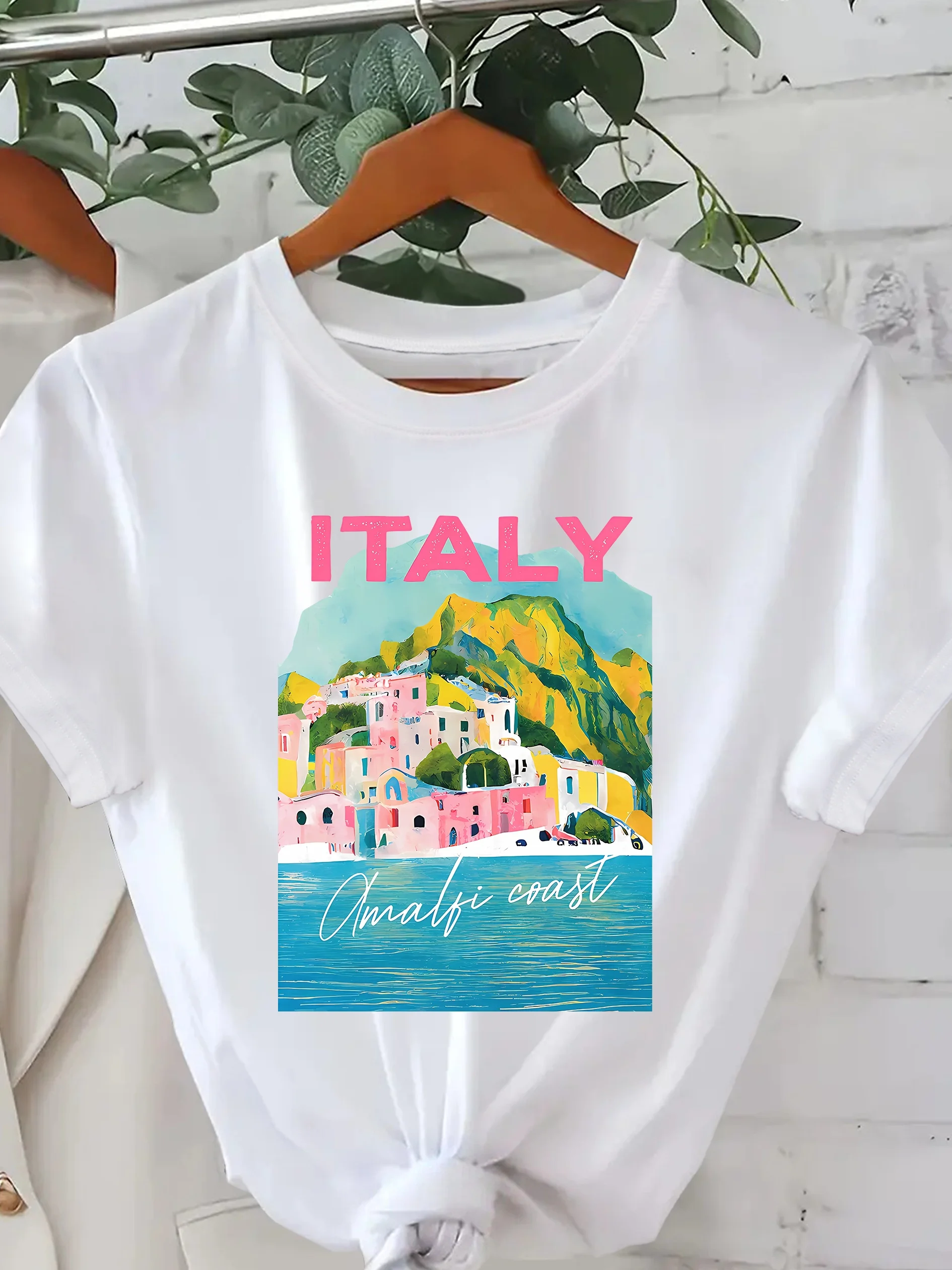 Summer Tshirt Italian Landscape Painting Pattern Print Summer Women's Top Casual Round Neck Short Sleeved Tshirt Clothing