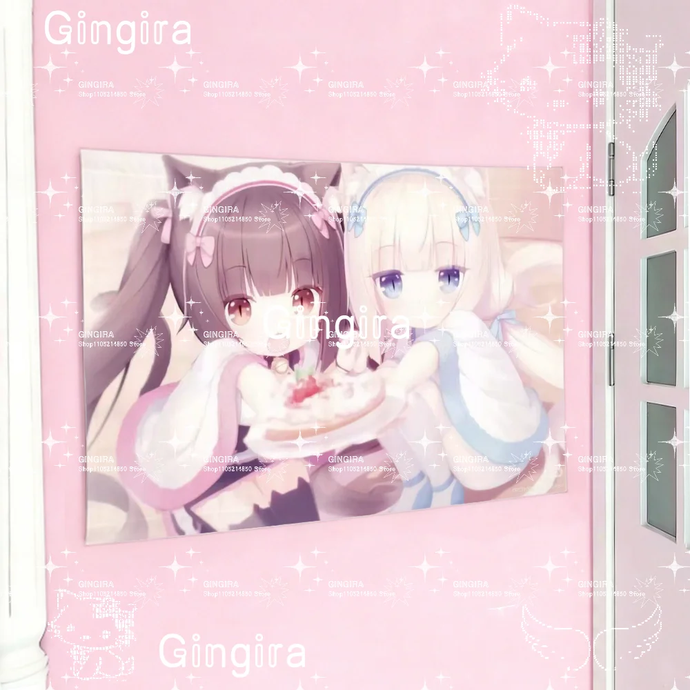 Cute Neko Twins Chocola & Vanilla Anime Tapestry Cat Ears Strawberry Cake Sweet Theme Wall Hanging for Dorm Bedroom Otaku Room D