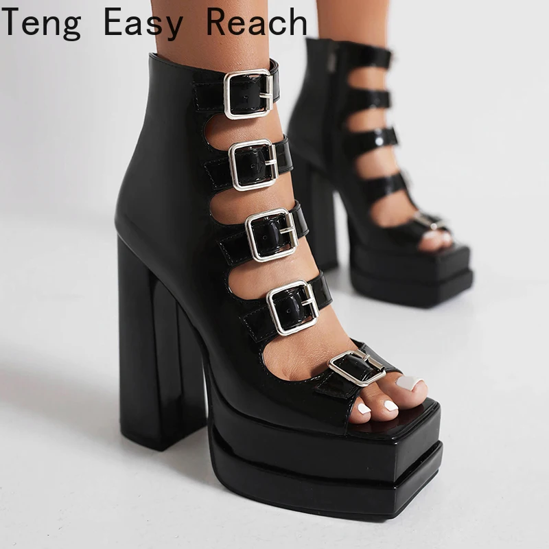 Plus Size Glossy Patent Leather Five-Row Metal Belt Buckle Sandals Square Toe Open-Toe Ultra-High Platform Side Zipper Sandals