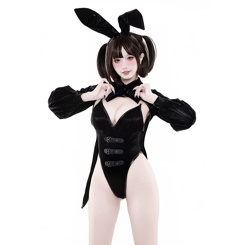 SENMHS Bunny Girl Cosplay Costume Women Black PU Leather Bodysuit Long Sleeve Outfit with Bunny Ears Bow Tie for Halloween Party