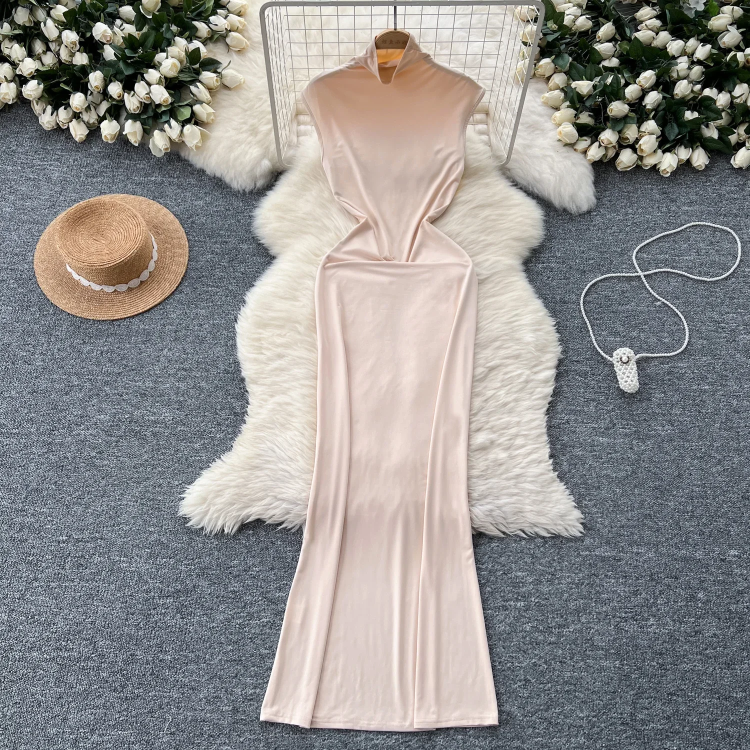 Elegant Turtleneck Vintage Off Shoulder Sleeveless Chic Elastic Long Dresses Korean Fashion Evening High Street Summer Clothing