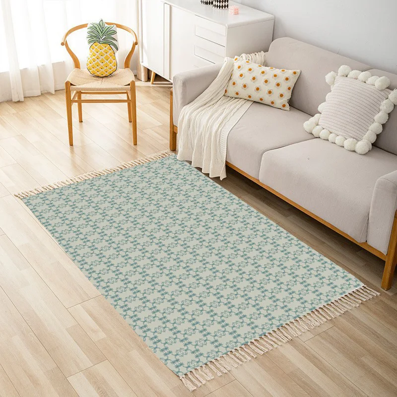 Morocco Bedroom Living Room Bedside Carpet Floor Mat Striped Cotton and Hemp Rectangular Fringe Carpet