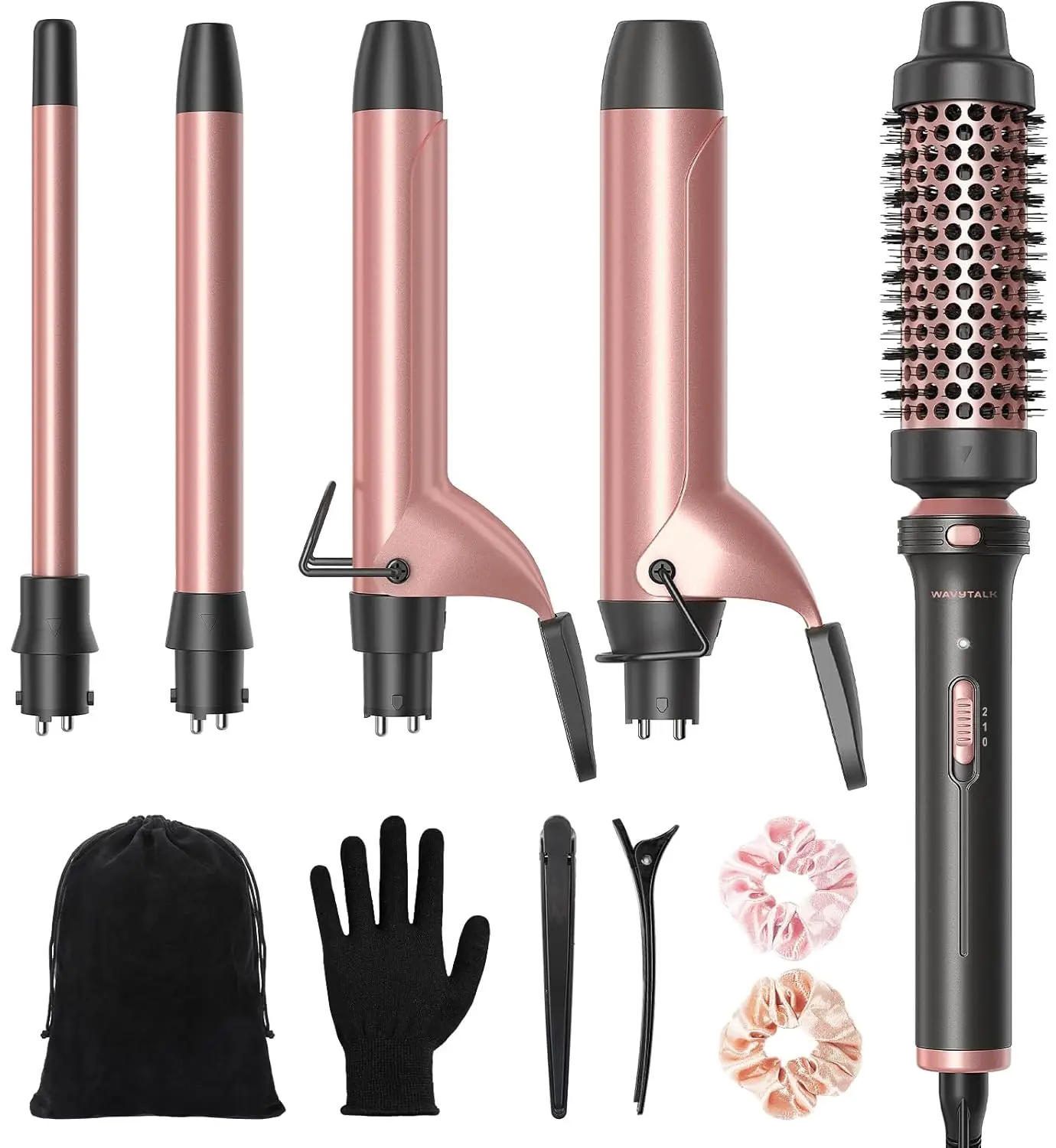 

5-in-1 Ceramic Curling Iron Set with Heated Round Brush, 4 Interchangeable Barrels, Dual Voltage for Travel