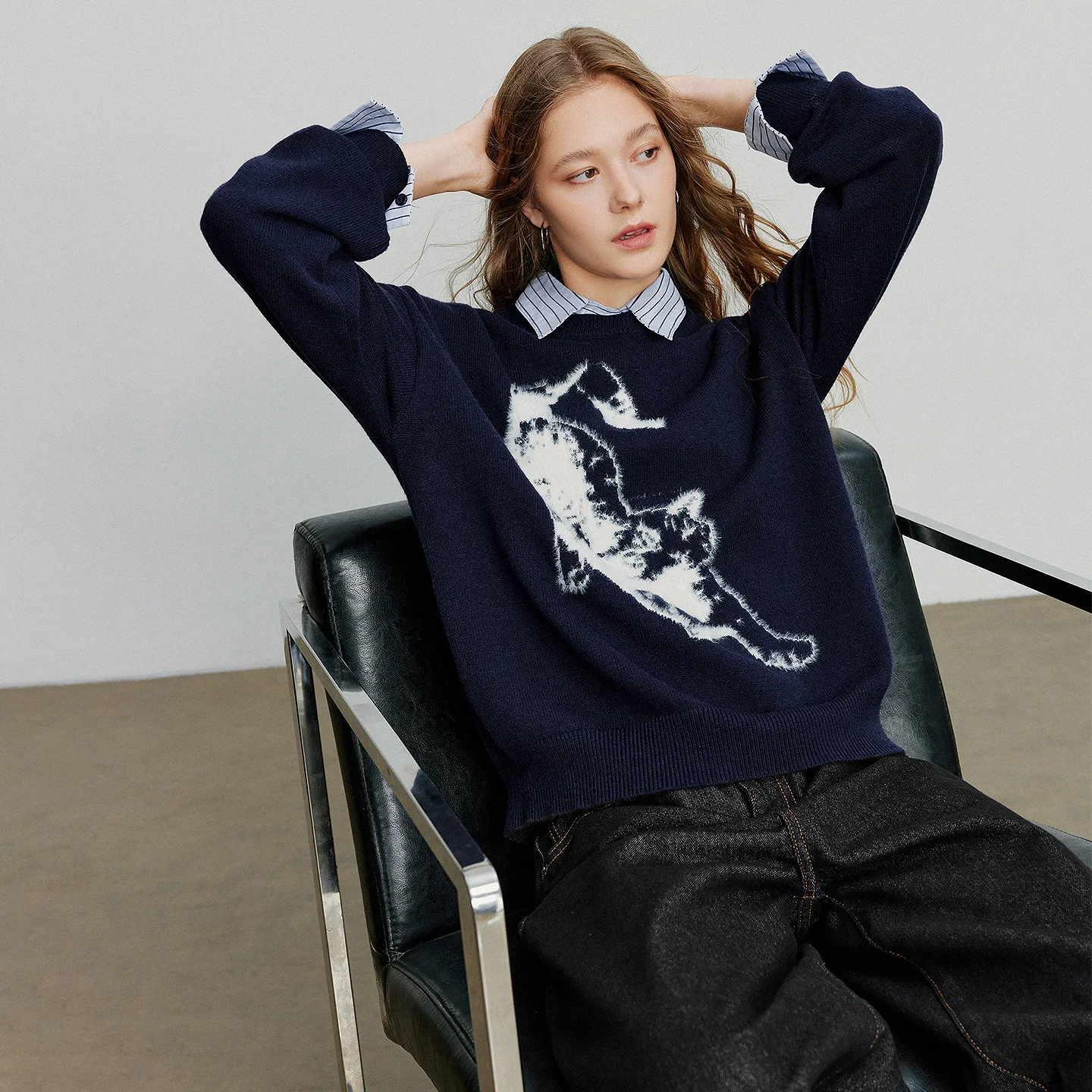 TOYOUTH المرأة محبوك سترة 2025 الخريف جديد القط الجاكار الجولة الرقبة الرجعية البلوز الصوفية النبيذ الأحمر