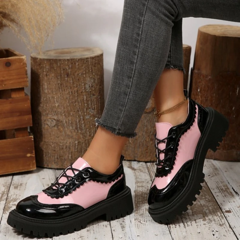 British style women brogue shoes cross tied mixed color round toe wingtip oxfords casual footwear sapatos chaussures