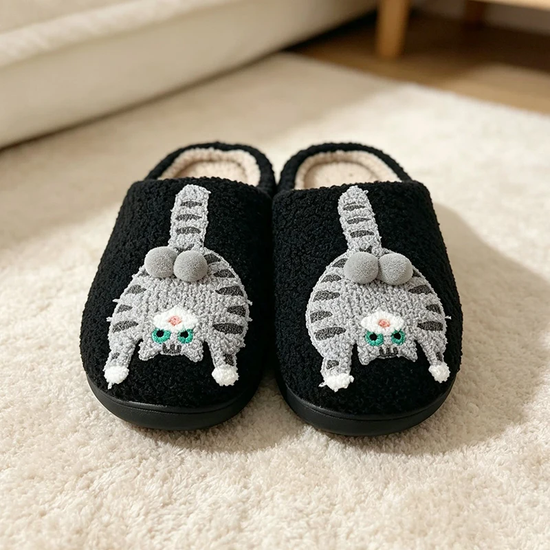 Neuartige 3D-Katzen-Plüsch-Hausschuhe für Damen, lustige Plüsch-Winter-Mules, warme, flauschige Fell-Slides für Mädchen, Unisex, rutschfest – Detail 11