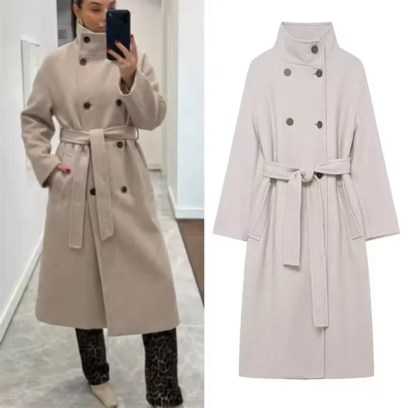 Cappotto Oversize da Donna con Collo Alto e Cintura, Casual Primaverile, Doppiopetto con Bottoni, Maniche Lunghe, Soprabito Femminile Chic