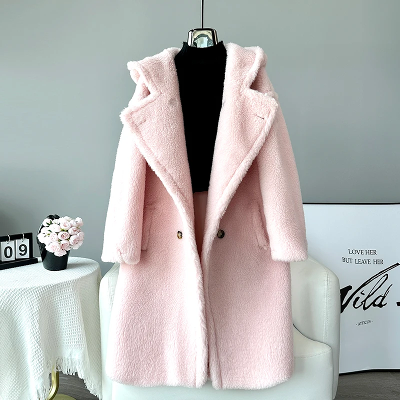 Women Real Wool Warm Teddy Fashion Coat Female Sheep Shearling Winter Long Hooded Jacket Parka JT3399