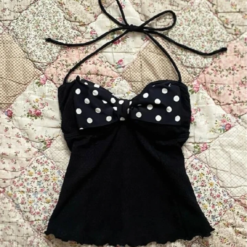 Women's Trendy Black Halter Cami Top - White Polka Dot Bow Detail Slim Fit Cropped Vest Y2K Sweet Edgy Cute Casual Spring Summer