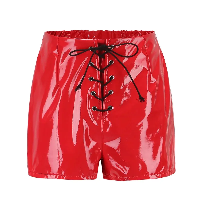 Women high waist faux leather shorts Sexy Slim lace up black red summer short pants fashion PVC casual shorts