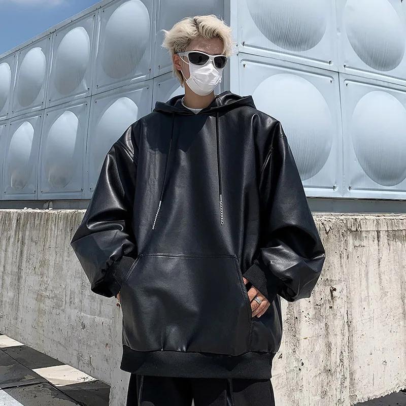 

American Retro Street Hip-hop Faux Leather Hooded for Men Autumn New Casual Loose Oversized Hooded Jacket Coat Y2k Men Clothing