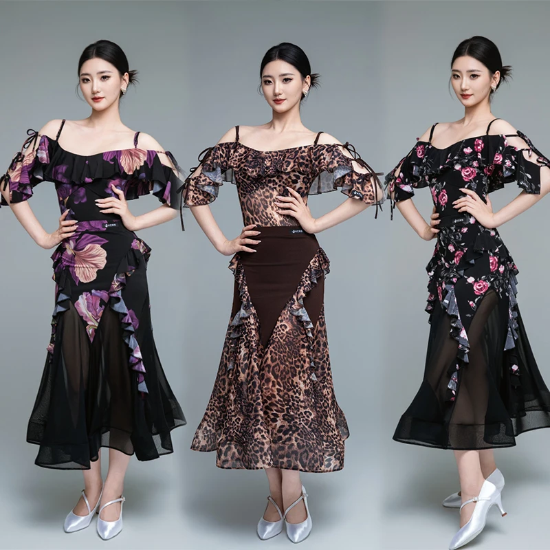 2025 roupas de dança de salão feminino desempenho traje valsa vestidos de dança folha de lótus topos saia de malha adulto prática wear
